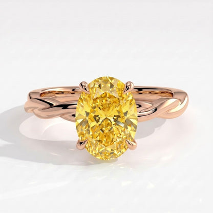 Fancy Vivid Yellow oval lab-grown diamond solitaire engagement ring with twisted band in 18K (750) rose gold, front view 