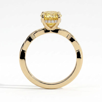 Fancy Vivid Yellow oval lab-grown diamond solitaire engagement ring with twisted band in 18K (750) yellow gold, side profile 