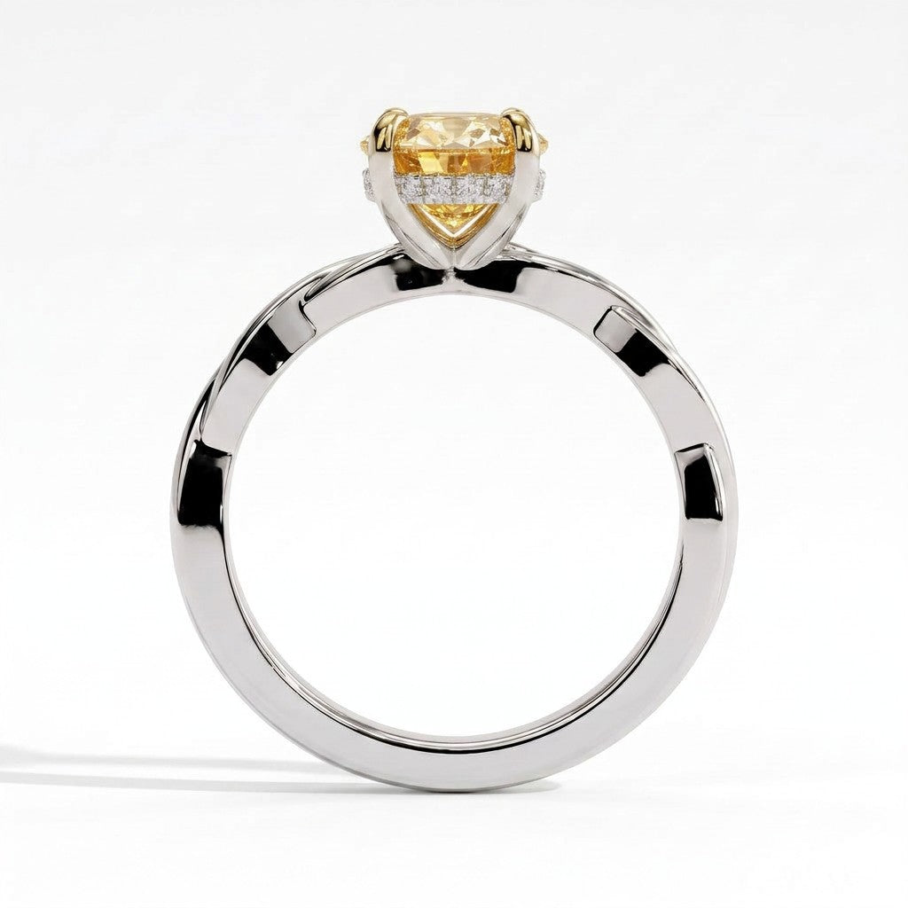 Fancy Vivid Yellow oval lab-grown diamond solitaire engagement ring with twisted band in 950 platinum, side profile 