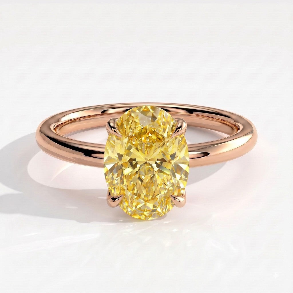 Fancy Vivid Yellow oval lab-grown diamond solitaire engagement ring with petal gallery and hidden tiara in 14K (585) rose gold, front view 