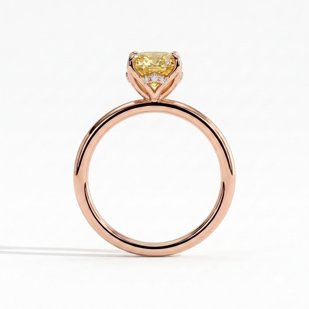 Fancy Vivid Yellow oval lab-grown diamond solitaire engagement ring with petal gallery and hidden tiara in 14K (585) rose gold, side profile showing the petal gallery 