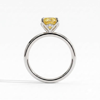 Fancy Vivid Yellow oval lab-grown diamond solitaire engagement ring with petal gallery and hidden tiara in 14K (585) white gold, side profile showing the petal gallery 