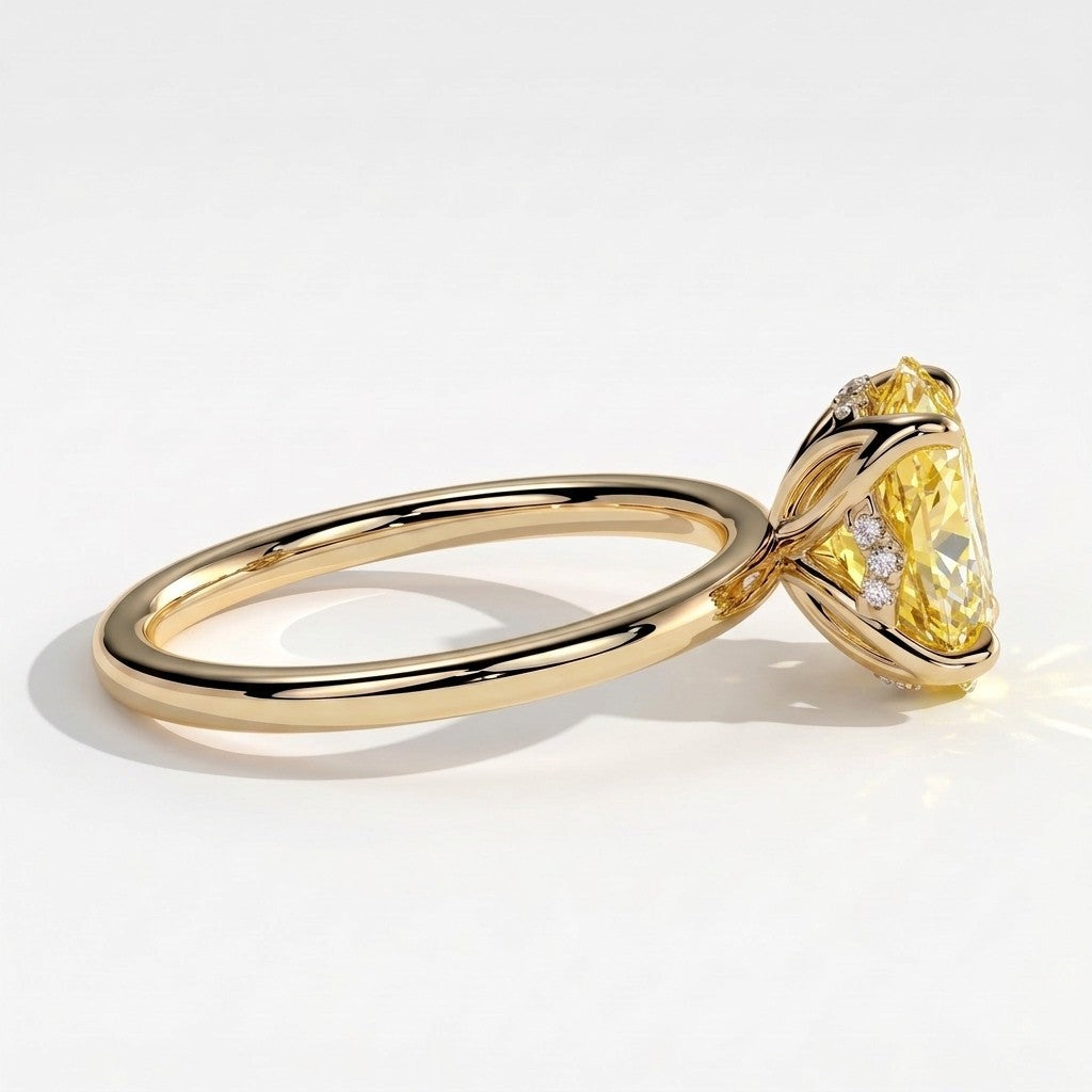 Fancy Vivid Yellow oval lab-grown diamond solitaire engagement ring with petal gallery and hidden tiara in 14K (585) yellow gold, detail view of the hidden tiara 