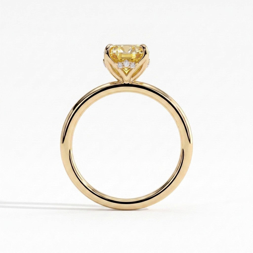 Fancy Vivid Yellow oval lab-grown diamond solitaire engagement ring with petal gallery and hidden tiara in 14K (585) yellow gold, side profile showing the petal gallery 