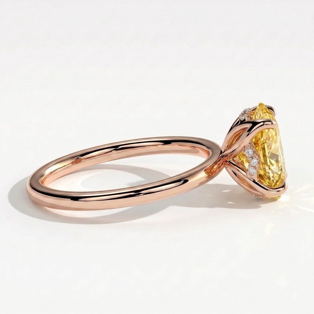 Fancy Vivid Yellow oval lab-grown diamond solitaire engagement ring with petal gallery and hidden tiara in 18K (750) rose gold, detail view of the hidden tiara 