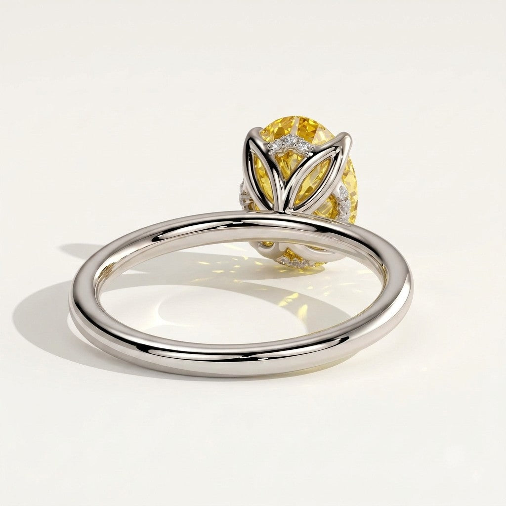 Fancy Vivid Yellow oval lab-grown diamond solitaire engagement ring with petal gallery and hidden tiara in 18K (750) white gold, back view 