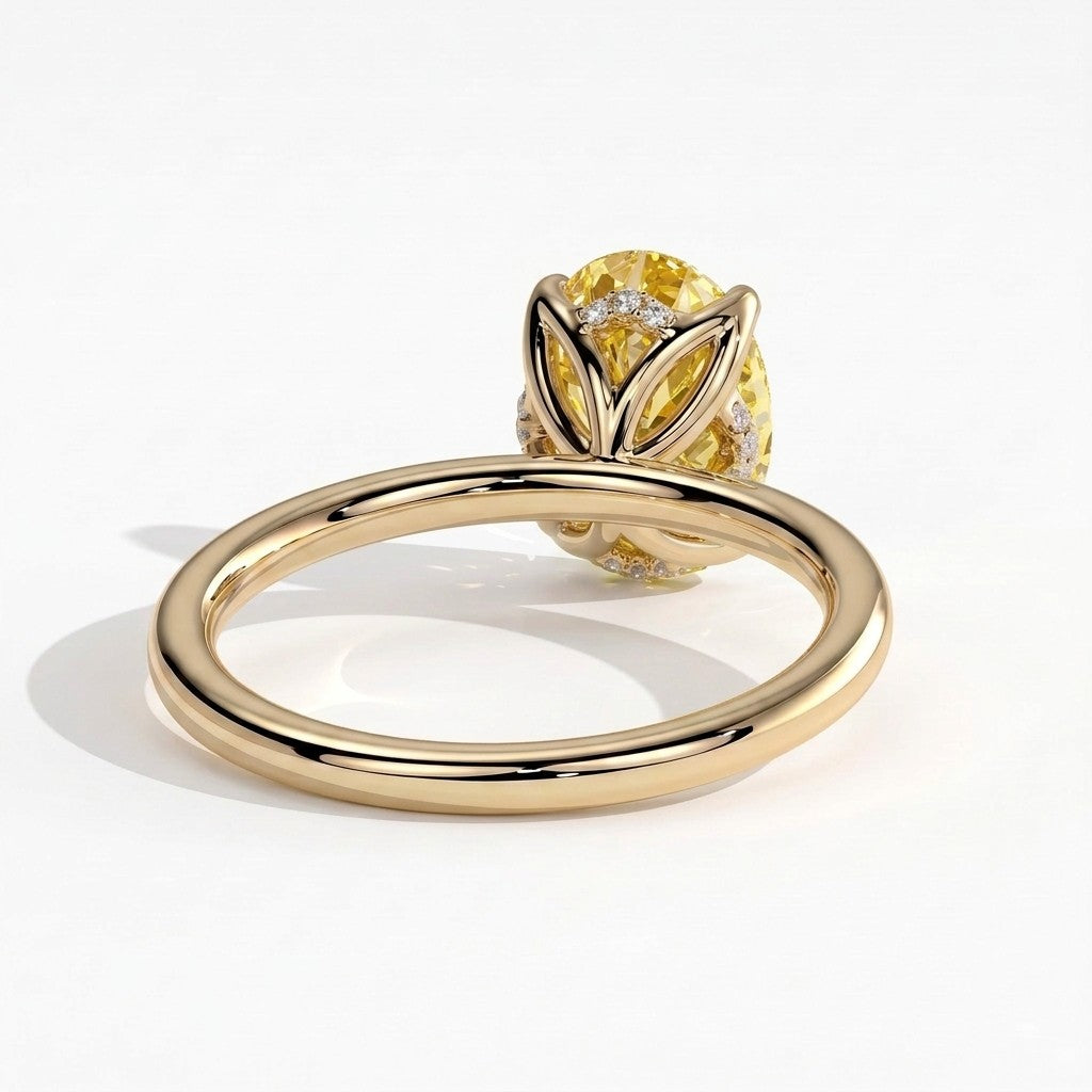 Fancy Vivid Yellow oval lab-grown diamond solitaire engagement ring with petal gallery and hidden tiara in 18K (750) yellow gold, back view 
