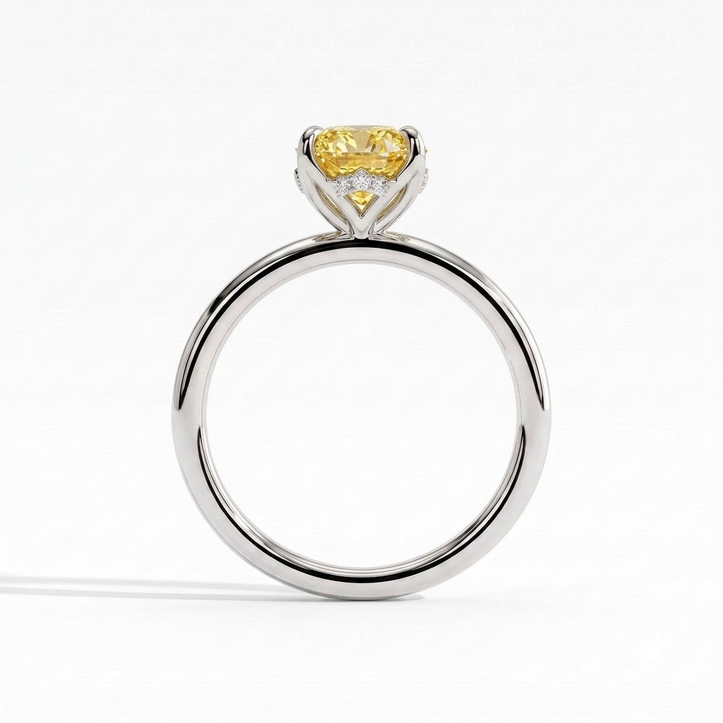 Fancy Vivid Yellow oval lab-grown diamond solitaire engagement ring with petal gallery and hidden tiara in 950 platinum, side profile showing the petal gallery 