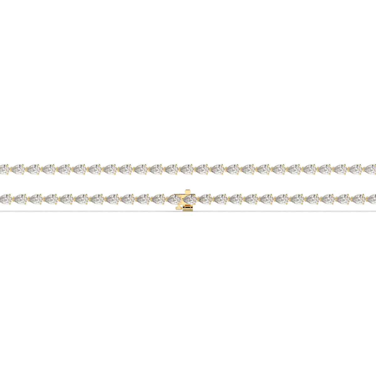 Hermine Tennisarmband mit Labordiamanten im Tropfenschliff aus 585 Gelbgold, flach liegend, volle Länge 