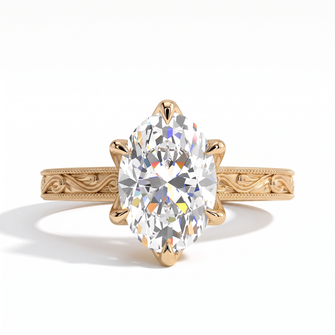 Oval lab-grown diamond vintage filigree solitaire engagement ring in 14K (585) yellow gold, front view 