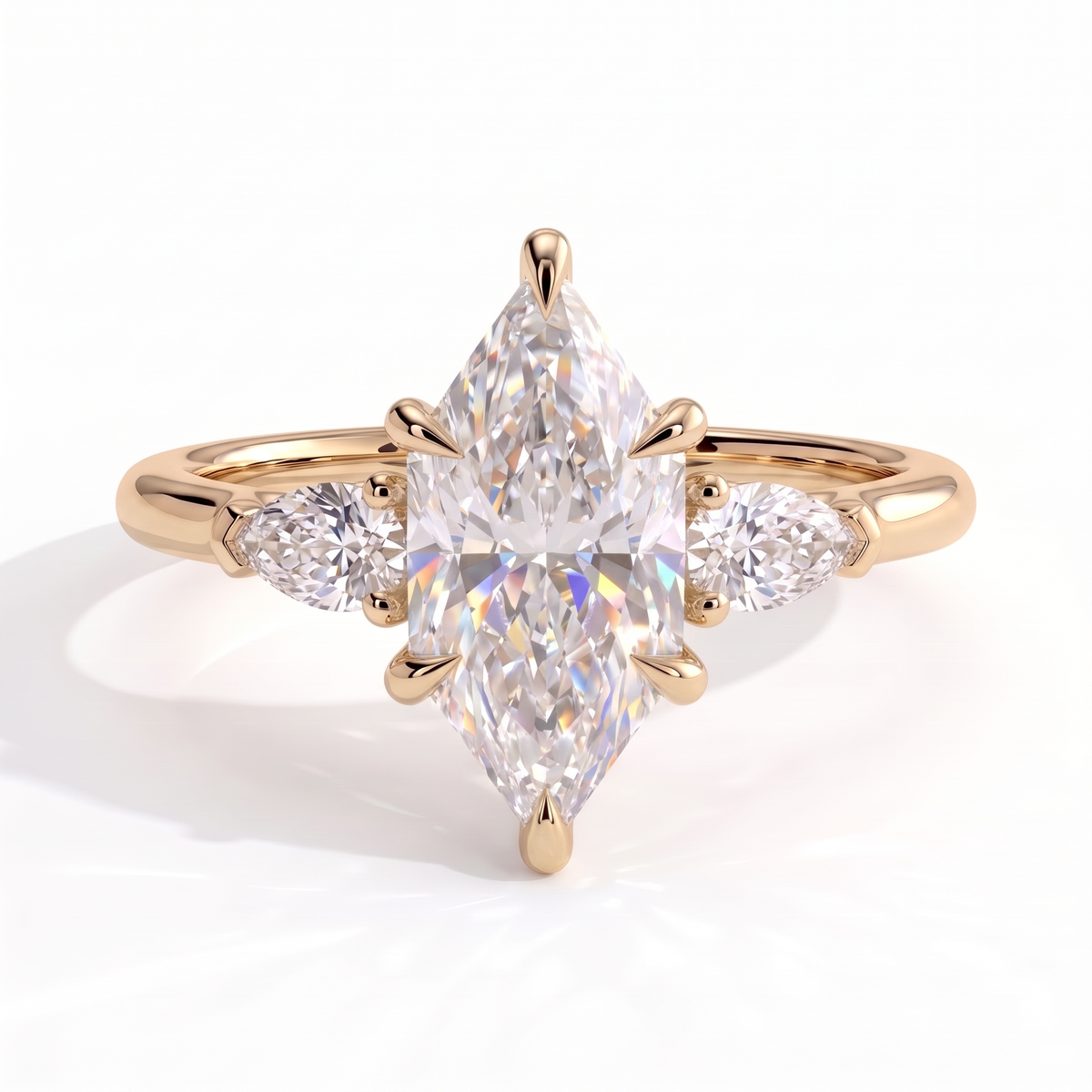 Eudora Dutch Marquise Three Stone Ring 750 Yellow Gold front 