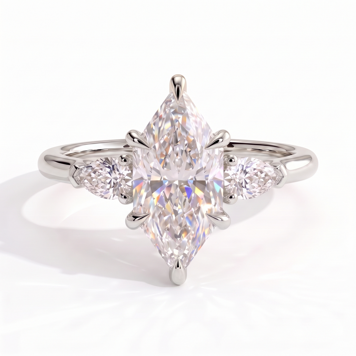 Eudora Dutch Marquise Three Stone Ring 750 White Gold front 