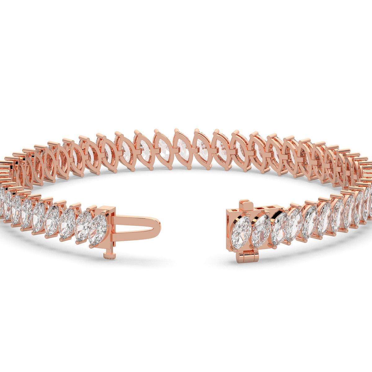 Imke Tennisarmband mit Labordiamanten im Marquiseschliff (schräg gesetzt) aus 585 Roségold, Verschluss geöffnet, Detailansicht 