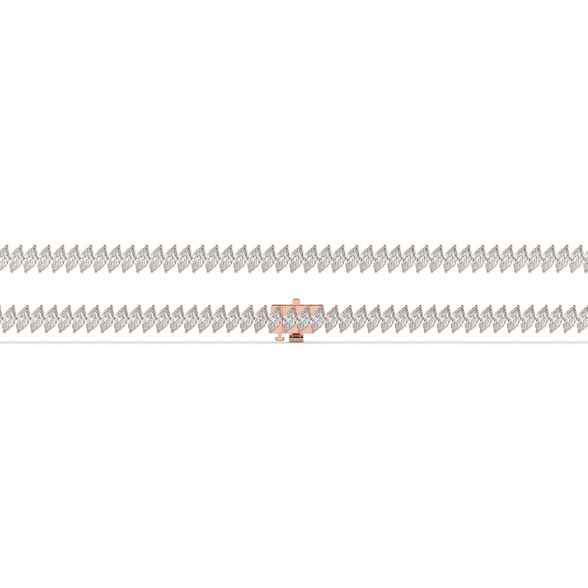 Imke Tennisarmband mit Labordiamanten im Marquiseschliff (schräg gesetzt) aus 585 Roségold, flach liegend, volle Länge 
