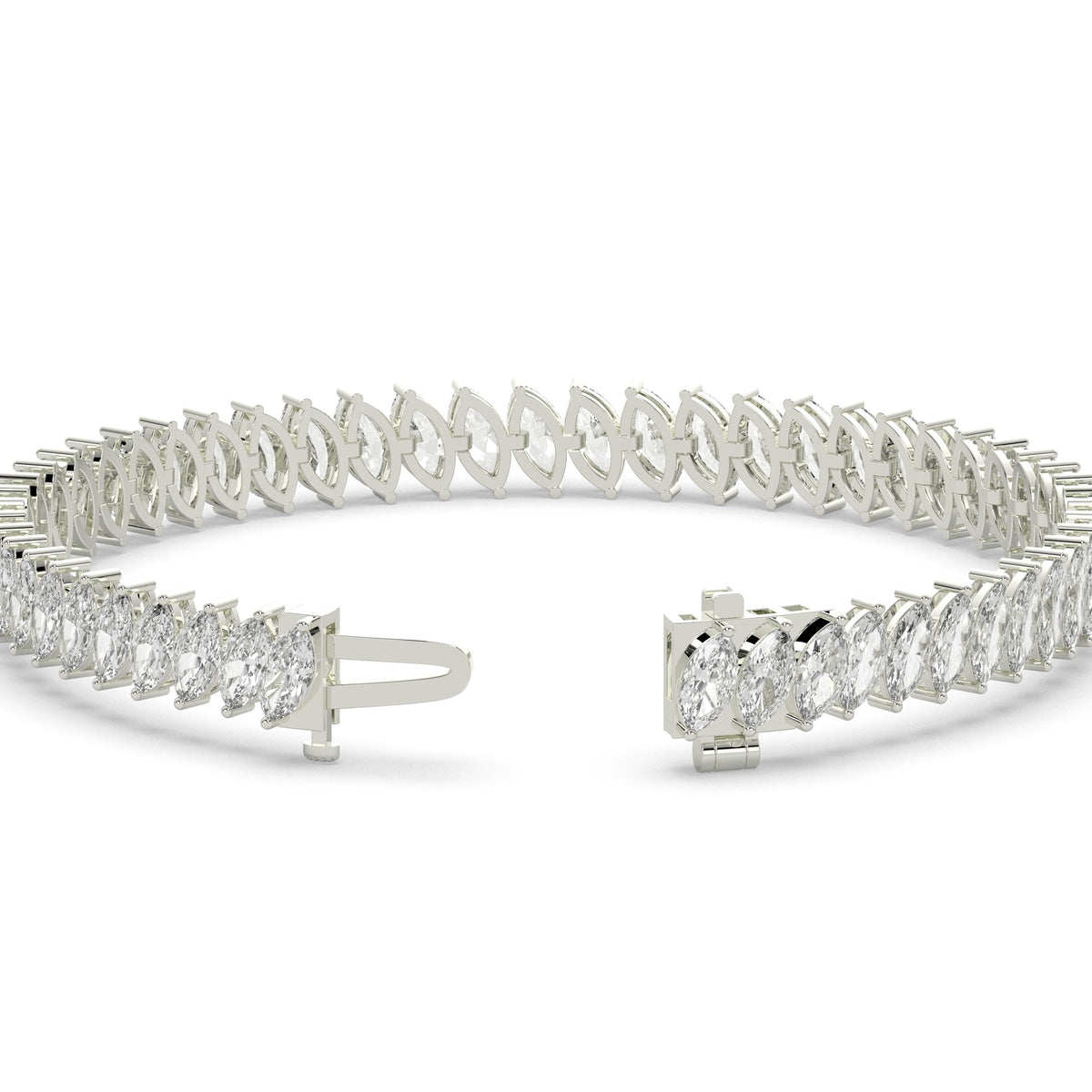 Imke Tennisarmband mit Labordiamanten im Marquiseschliff (schräg gesetzt) aus 585 Weißgold, Verschluss geöffnet, Detailansicht 