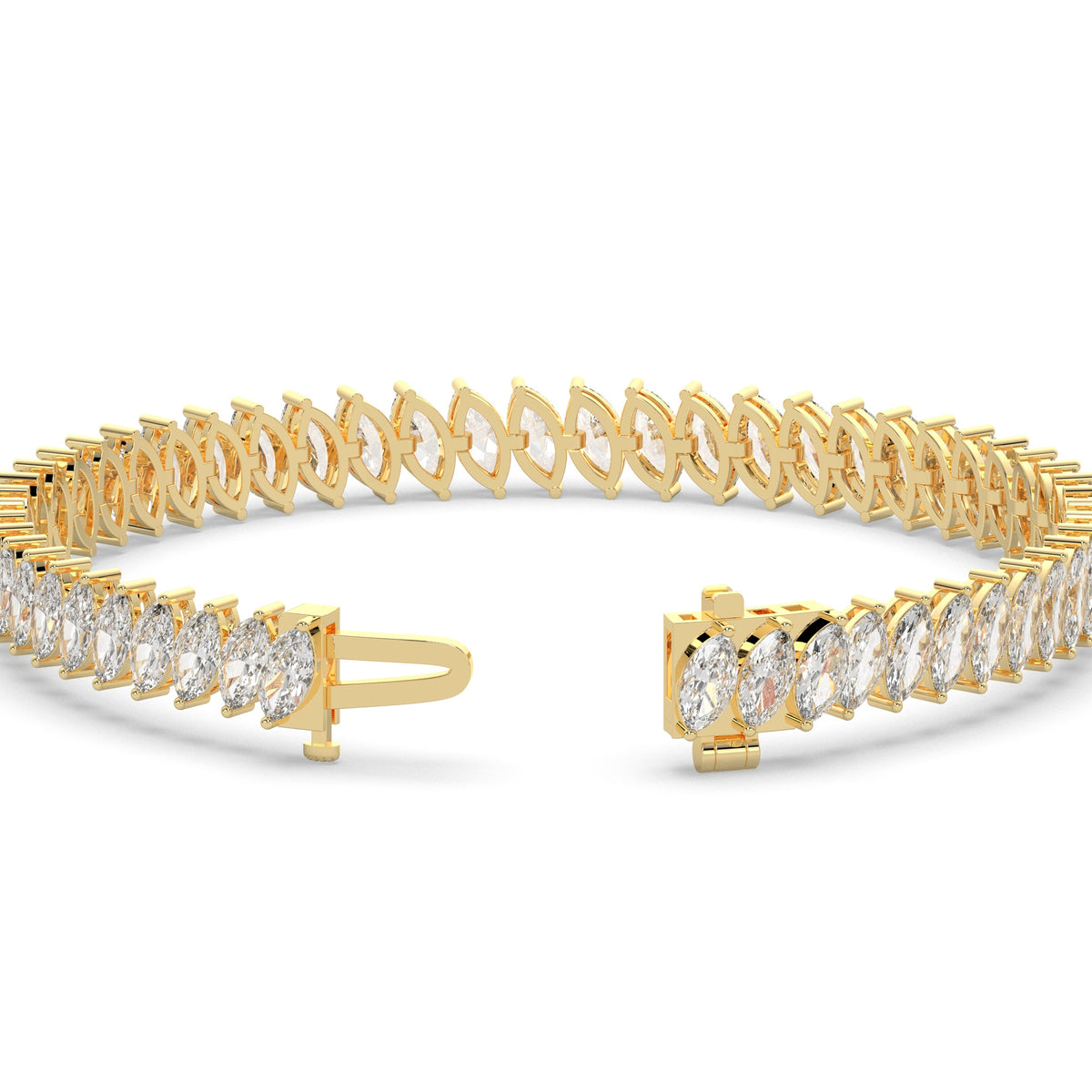 Imke Tennisarmband mit Labordiamanten im Marquiseschliff (schräg gesetzt) aus 585 Gelbgold, Verschluss geöffnet, Detailansicht 
