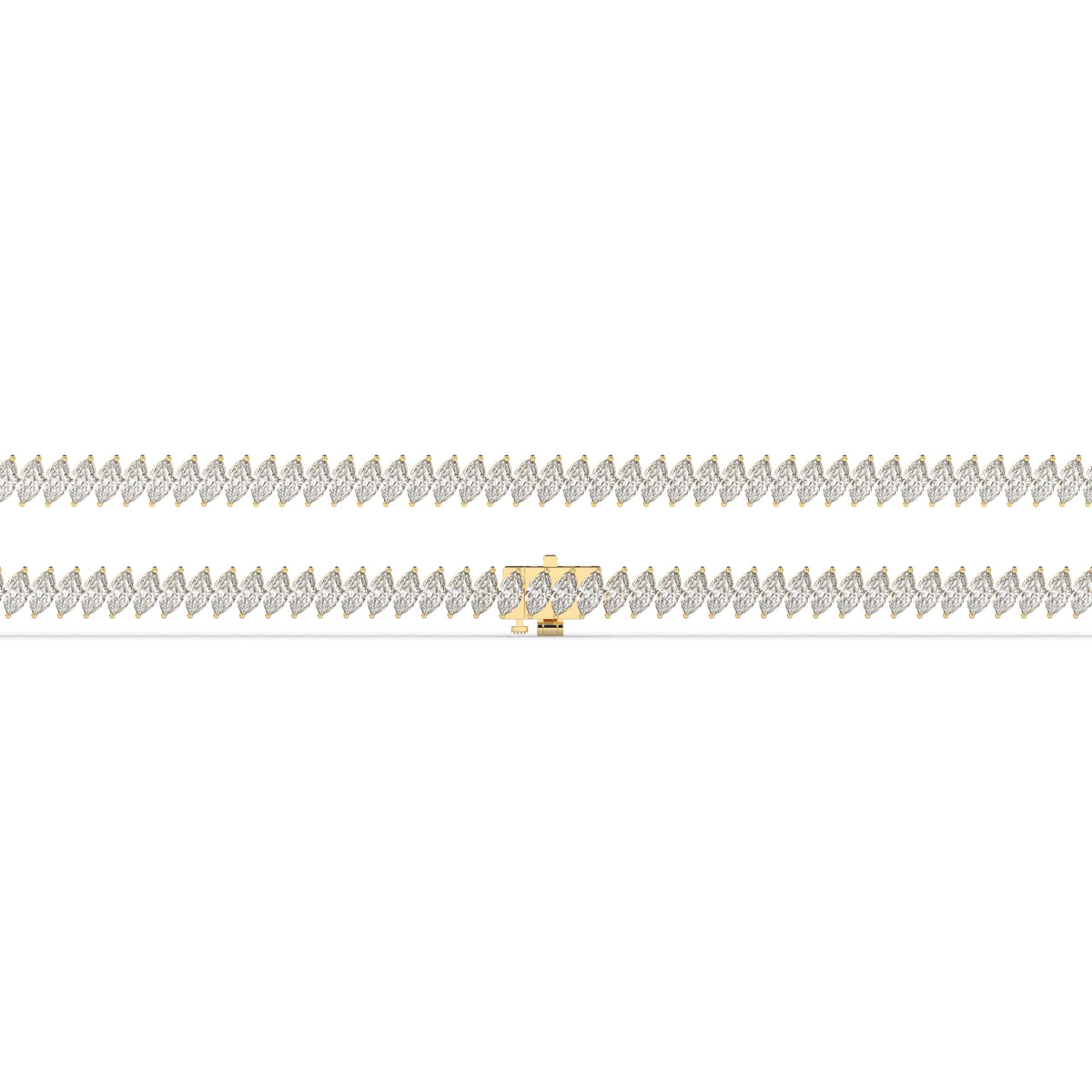 Imke Tennisarmband mit Labordiamanten im Marquiseschliff (schräg gesetzt) aus 585 Gelbgold, flach liegend, volle Länge 