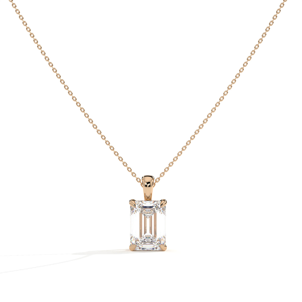 Isaura Solitär-Halskette mit Labordiamanten im Smaragdschliff aus 585 Roségold, Vorderansicht 