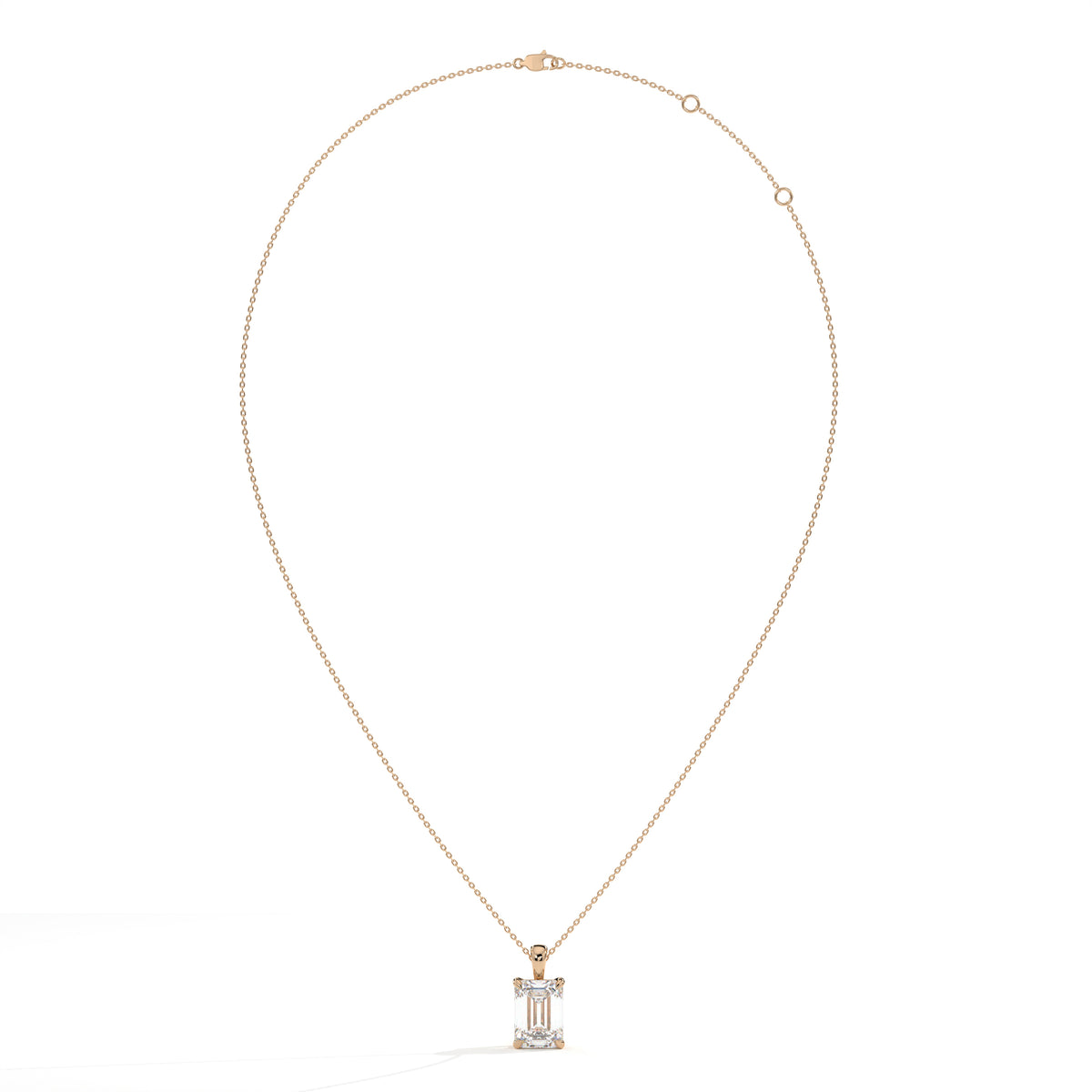 Isaura Solitär-Halskette mit Labordiamanten im Smaragdschliff aus 585 Roségold, Ansicht der ganzen Kette 