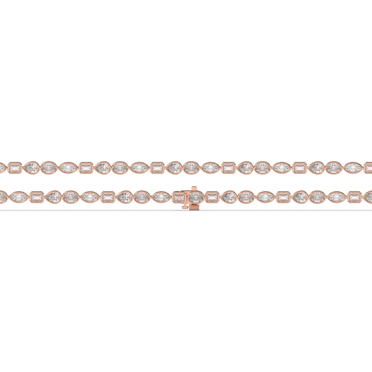 Jana Tennisarmband mit Labordiamanten in verschiedenen Formen mit Zargenfassung aus 585 Roségold, flach liegend, volle Länge 
