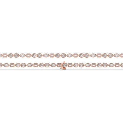 Jana Tennisarmband mit Labordiamanten in verschiedenen Formen mit Zargenfassung aus 585 Roségold, flach liegend, volle Länge 