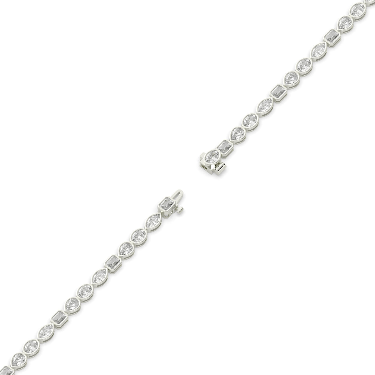Jana Tennisarmband mit Labordiamanten in verschiedenen Formen mit Zargenfassung aus 585 Weißgold, volle Länge, Diagonalansicht 