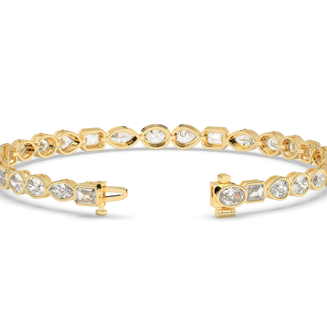 Jana Tennisarmband mit Labordiamanten in verschiedenen Formen mit Zargenfassung aus 585 Gelbgold, Verschluss geöffnet, Detailansicht 