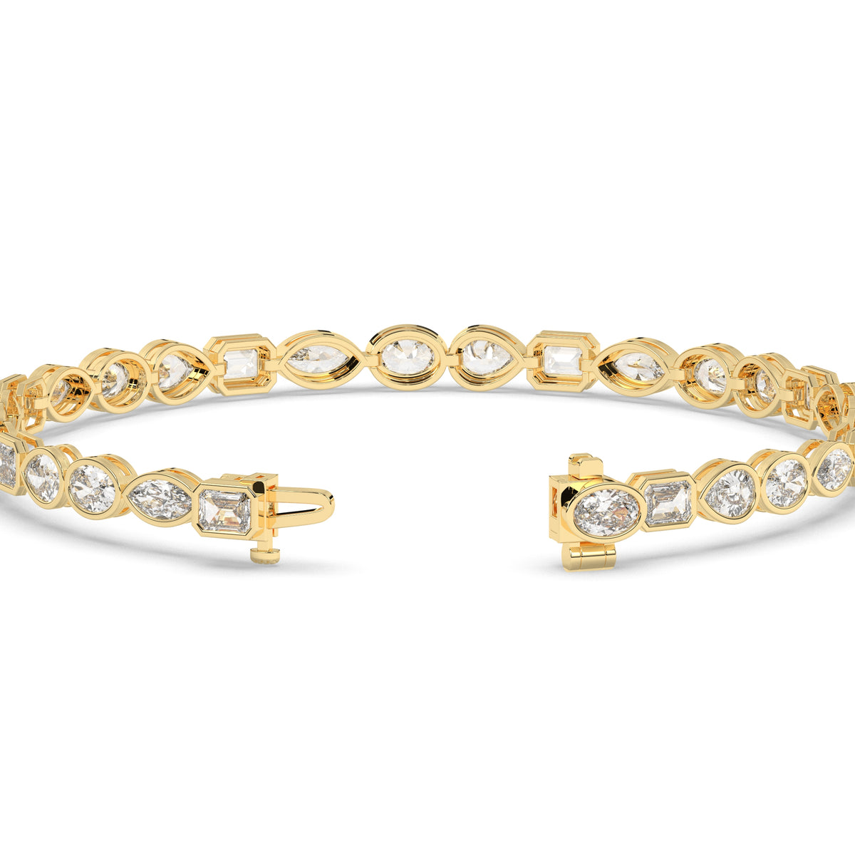 Jana Tennisarmband mit Labordiamanten in verschiedenen Formen mit Zargenfassung aus 585 Gelbgold, Verschluss geöffnet, Detailansicht 