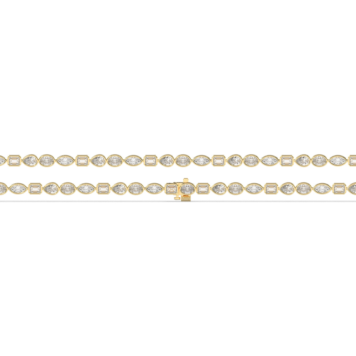 Jana Tennisarmband mit Labordiamanten in verschiedenen Formen mit Zargenfassung aus 585 Gelbgold, flach liegend, volle Länge 