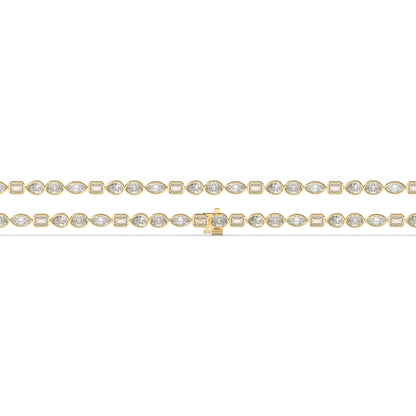 Jana Tennisarmband mit Labordiamanten in verschiedenen Formen mit Zargenfassung aus 585 Gelbgold, flach liegend, volle Länge 