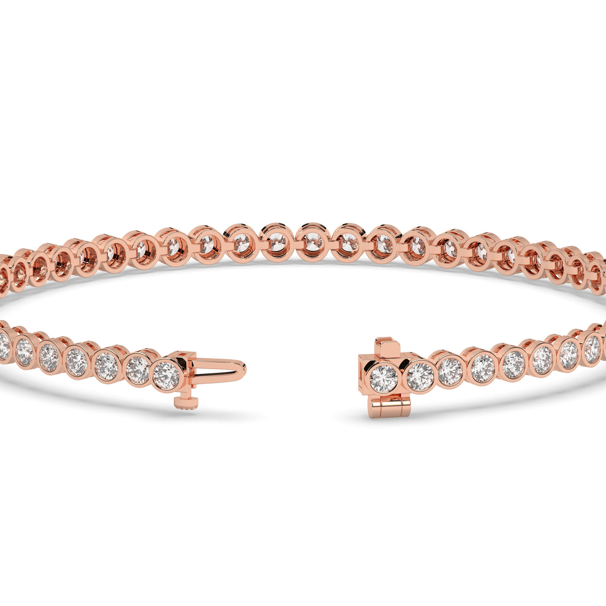 Lea round bezel lab-grown diamond tennis bracelet in 14K (585) rose gold, clasp open, detail view 