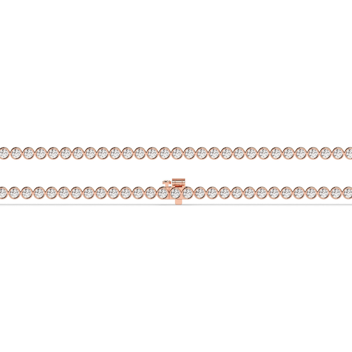 Lea round bezel lab-grown diamond tennis bracelet in 14K (585) rose gold, laid flat, full length 