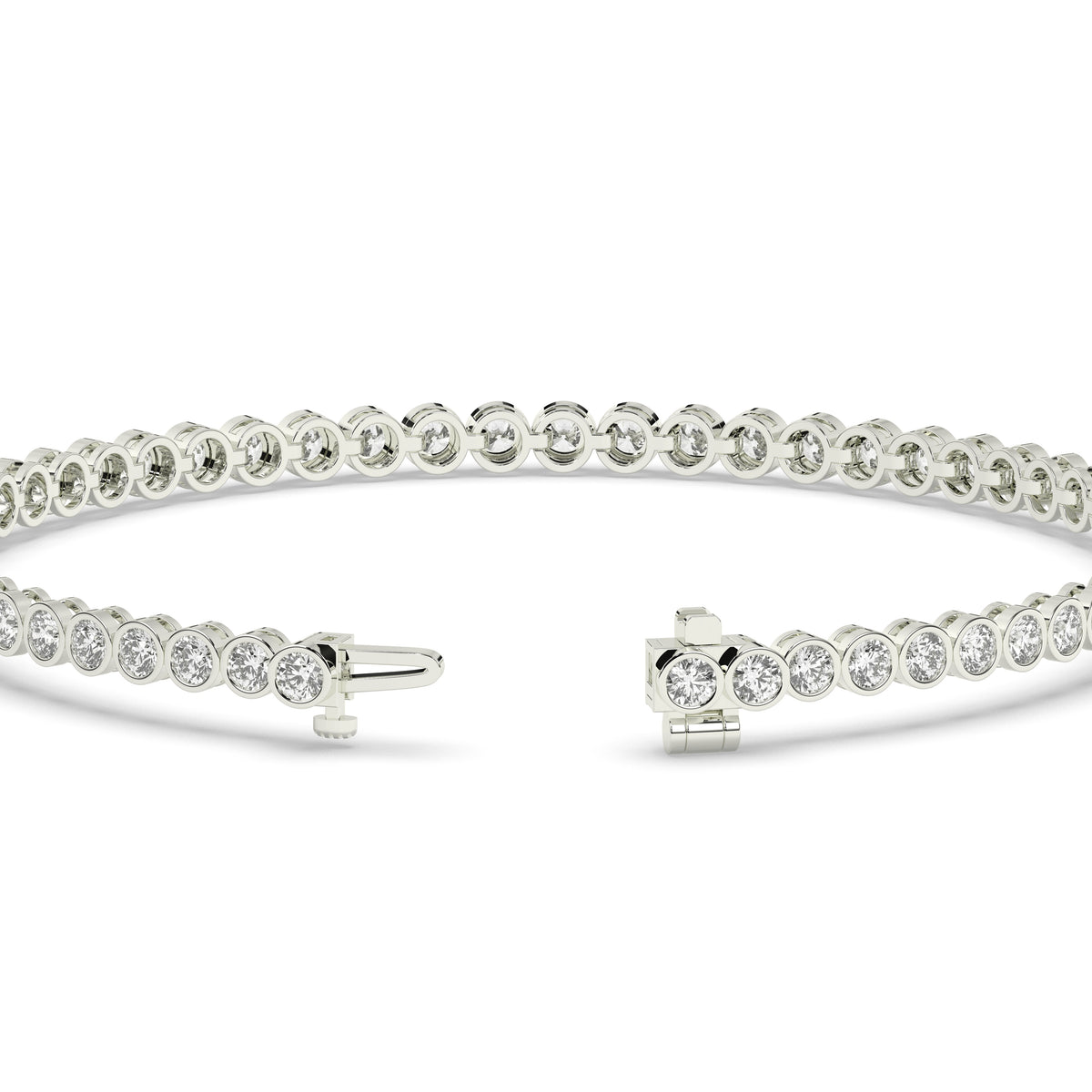 Lea round bezel lab-grown diamond tennis bracelet in 14K (585) white gold, clasp open, detail view 