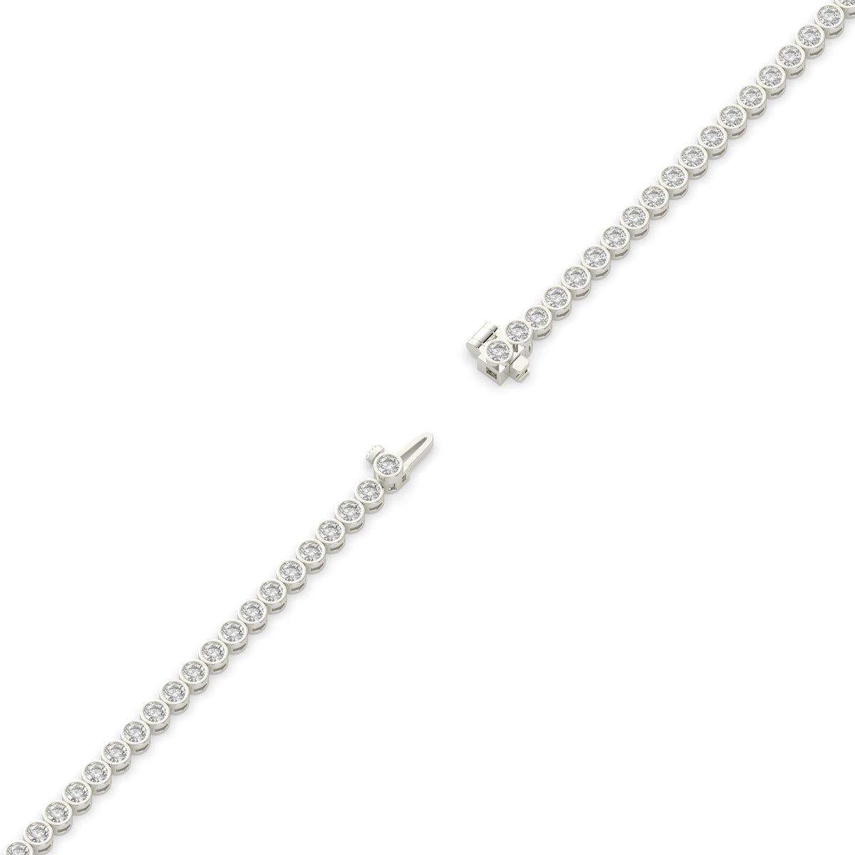 Lea round bezel lab-grown diamond tennis bracelet in 14K (585) white gold, full length, diagonal view 