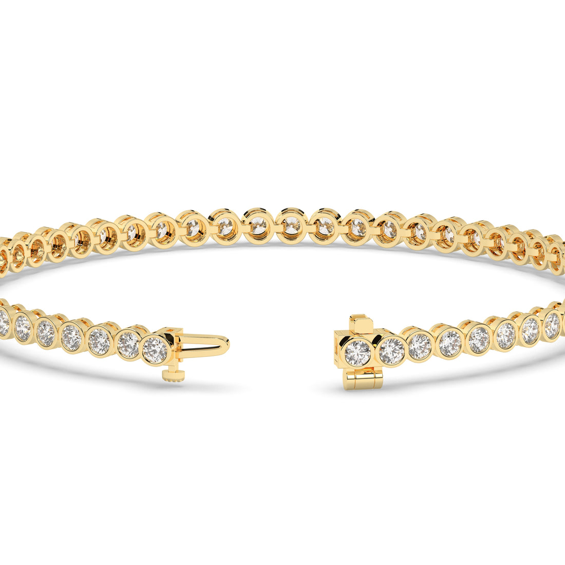 Lea Tennisarmband mit Labordiamanten im Brillantschliff mit Zargenfassung aus 585 Gelbgold, Verschluss geöffnet, Detailansicht 