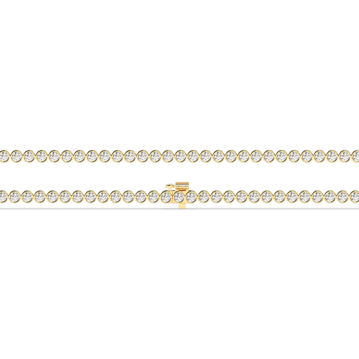 Lea round bezel lab-grown diamond tennis bracelet in 14K (585) yellow gold, laid flat, full length 