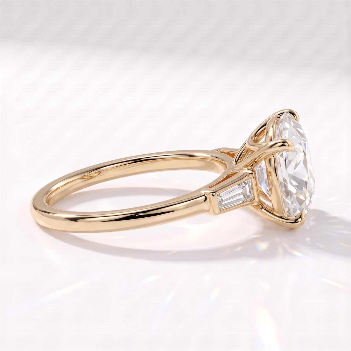 Old mine round lab-grown diamond vintage three-stone engagement ring with tapered baguettes in 14K (585) yellow gold, side view showing the tapered baguette 