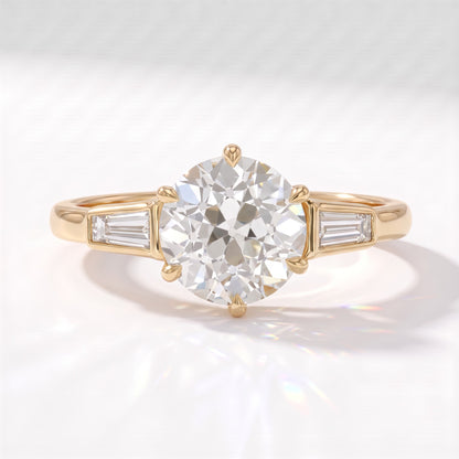 Old mine round lab-grown diamond vintage three-stone engagement ring with tapered baguettes in 18K (750) yellow gold, front view 