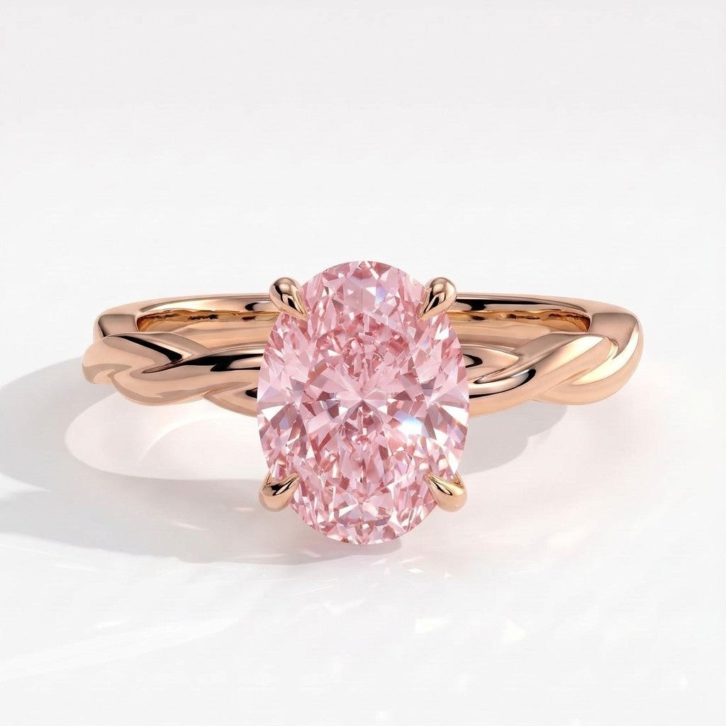 Fancy Vivid Pink oval lab-grown diamond solitaire engagement ring with twisted band in 14K (585) rose gold, front view 