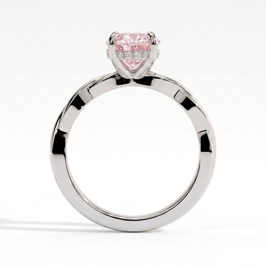 Fancy Vivid Pink oval lab-grown diamond solitaire engagement ring with twisted band in 14K (585) white gold, side profile 