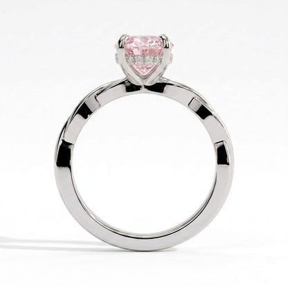 Fancy Vivid Pink oval lab-grown diamond solitaire engagement ring with twisted band in 14K (585) white gold, side profile 