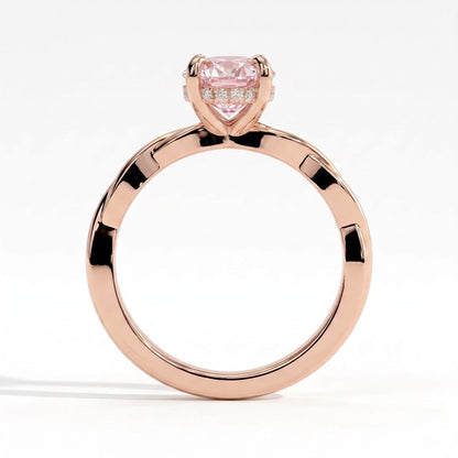 Fancy Vivid Pink oval lab-grown diamond solitaire engagement ring with twisted band in 18K (750) rose gold, side profile 
