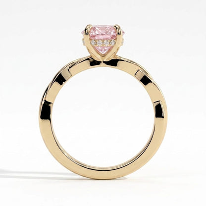 Fancy Vivid Pink oval lab-grown diamond solitaire engagement ring with twisted band in 18K (750) yellow gold, side profile 
