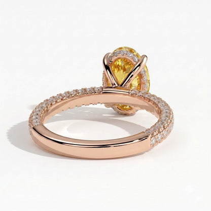 Fancy Vivid Yellow oval lab-grown diamond engagement ring with triple pavé band and hidden halo in 14K (585) rose gold, back view 