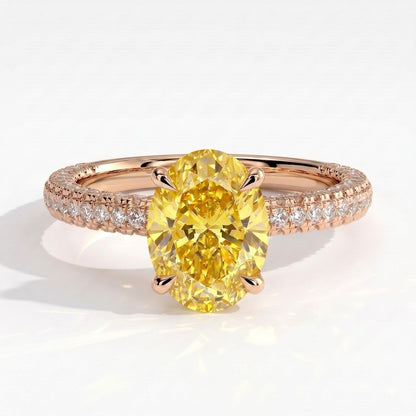 Fancy Vivid Yellow oval lab-grown diamond engagement ring with triple pavé band and hidden halo in 14K (585) rose gold, front view 