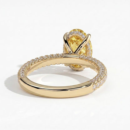 Fancy Vivid Yellow oval lab-grown diamond engagement ring with triple pavé band and hidden halo in 14K (585) yellow gold, back view 