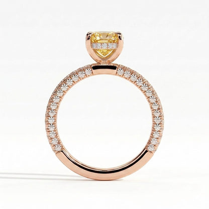 Fancy Vivid Yellow oval lab-grown diamond engagement ring with triple pavé band and hidden halo in 18K (750) rose gold, side profile showing the hidden halo 