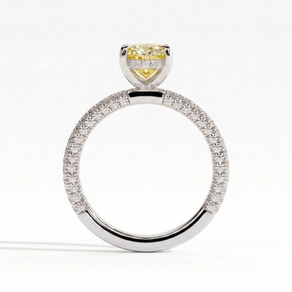 Fancy Vivid Yellow oval lab-grown diamond engagement ring with triple pavé band and hidden halo in 18K (750) white gold, side profile showing the hidden halo 