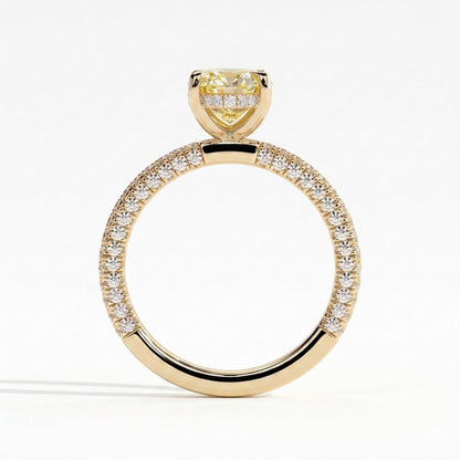 Fancy Vivid Yellow oval lab-grown diamond engagement ring with triple pavé band and hidden halo in 18K (750) yellow gold, side profile showing the hidden halo 