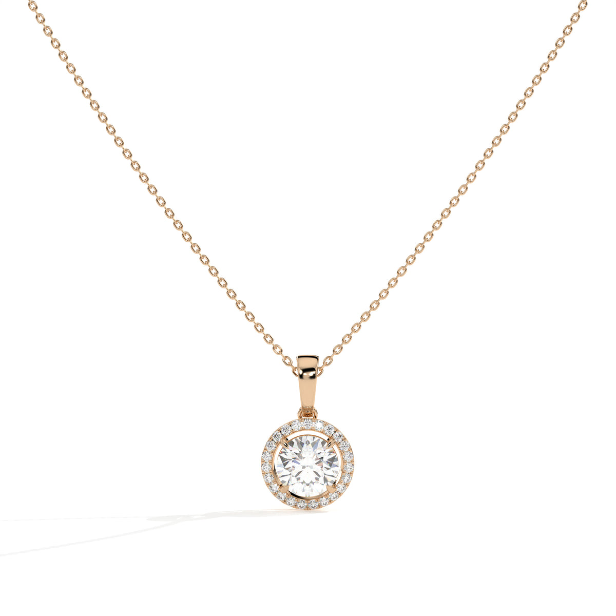 Lucienne round lab-grown diamond halo pendant necklace in 14K (585) rose gold, front view 
